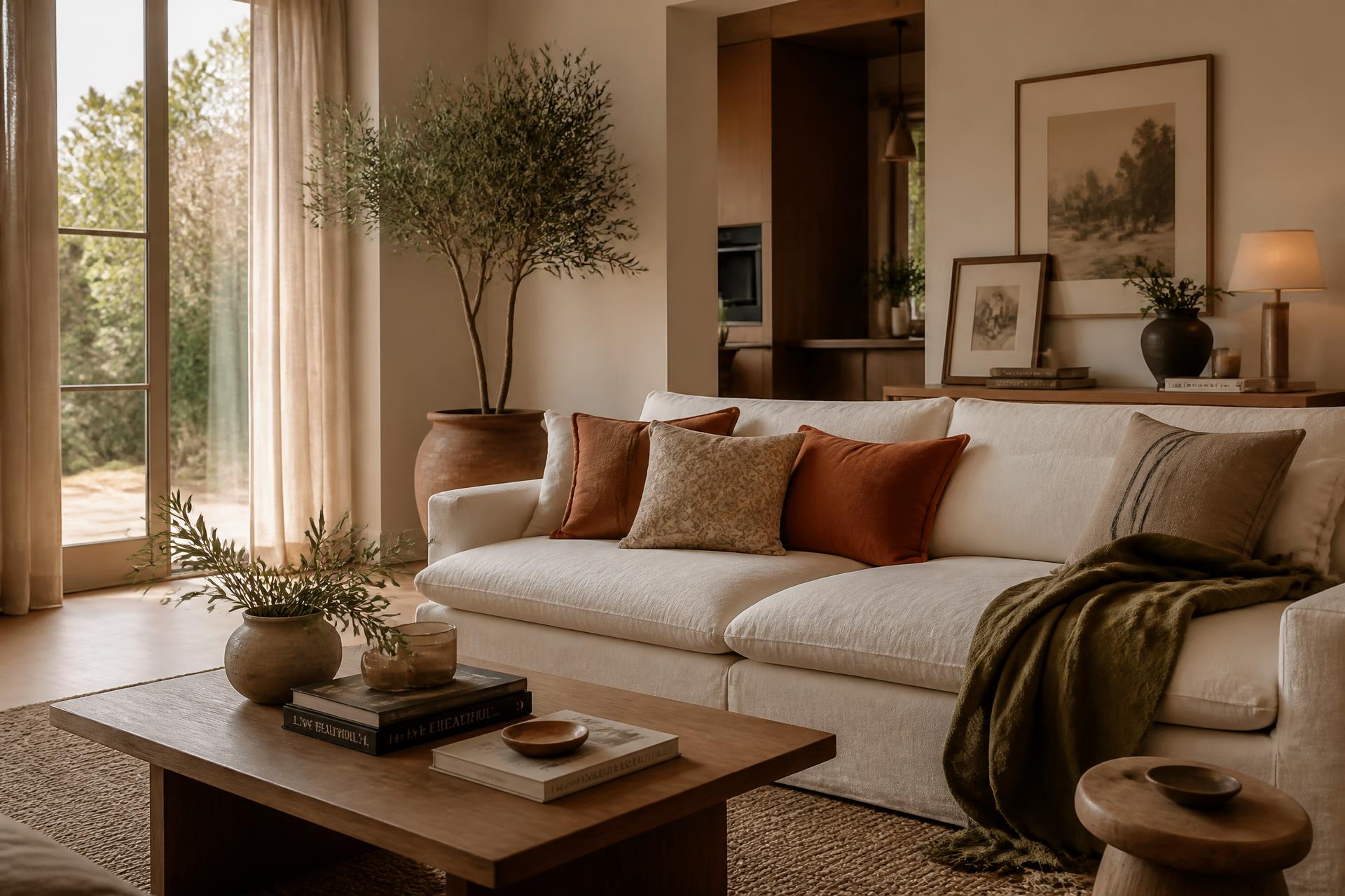 Warm contemporary living room with an ivory linen sofa, terracotta cushions, and light oak furniture