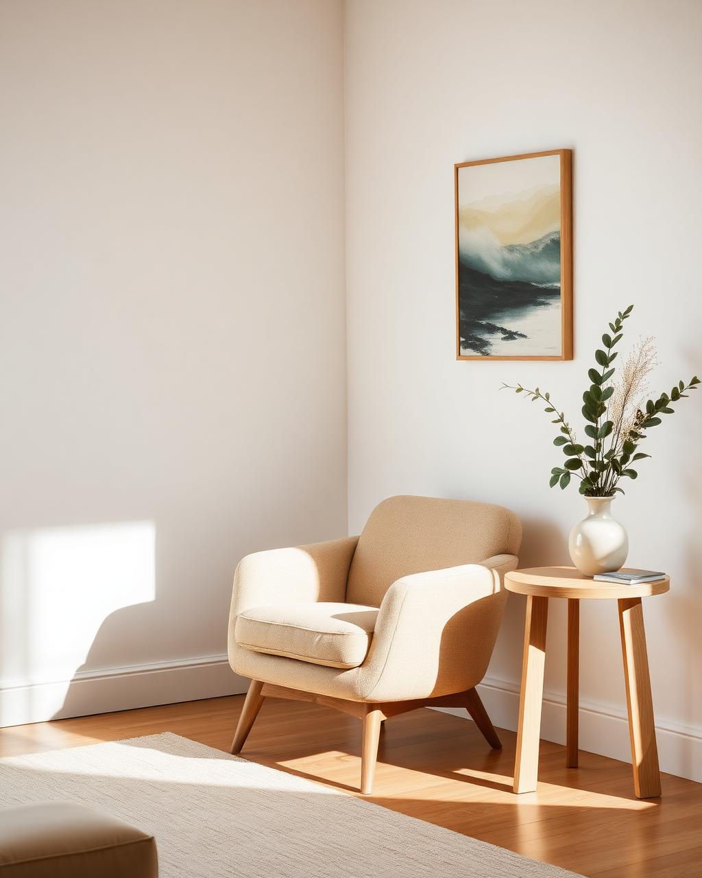 Sand-colored armchair beside a light oak side table in a warm, sunlit living room corner