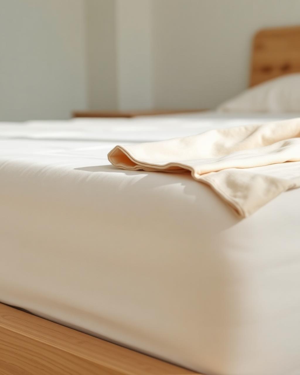 Neatly made mattress with ivory sheets and a folded beige blanket on a light oak platform bed